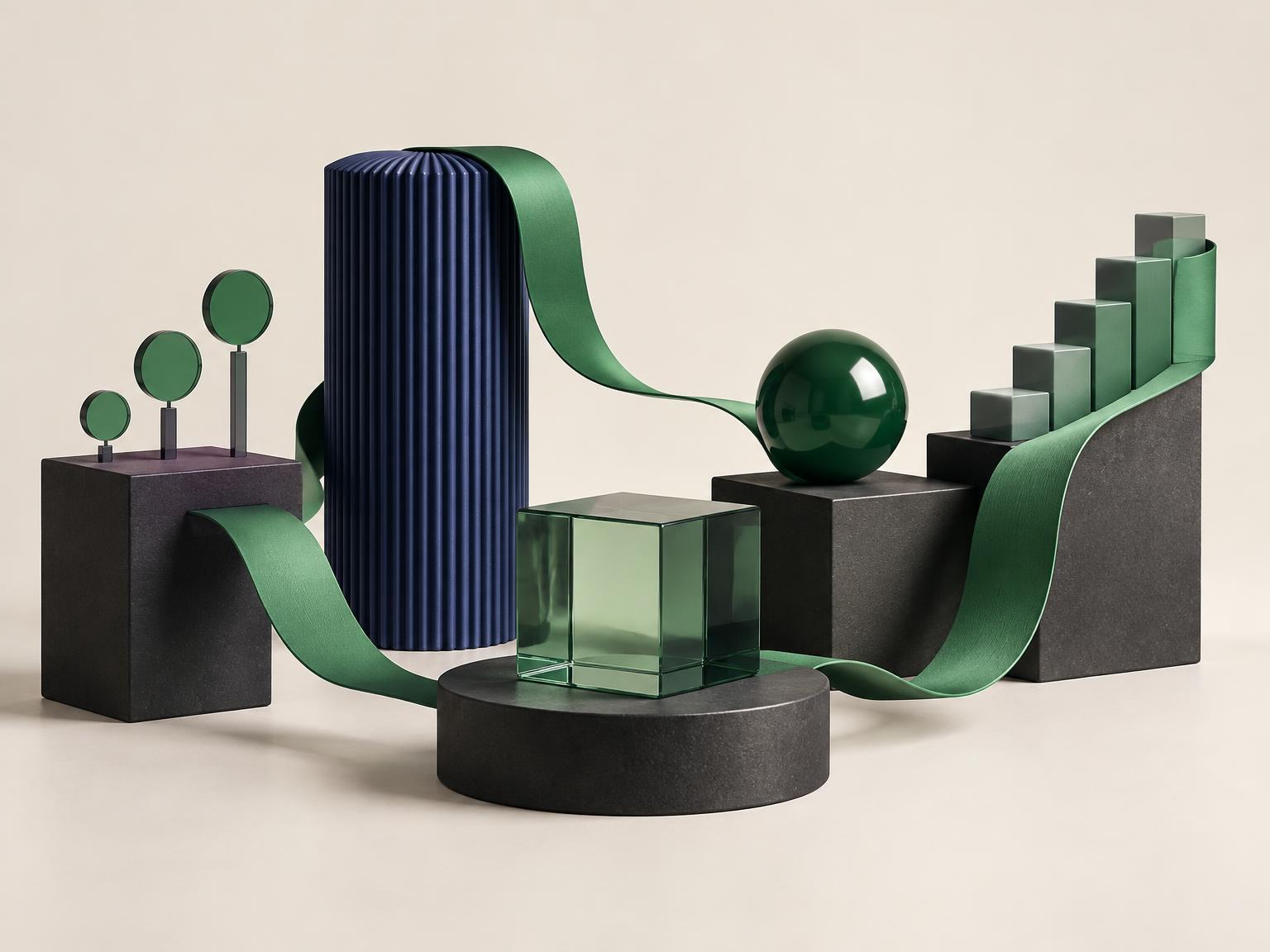 Emerald ribbon connecting platforms, signals, and ascending steps